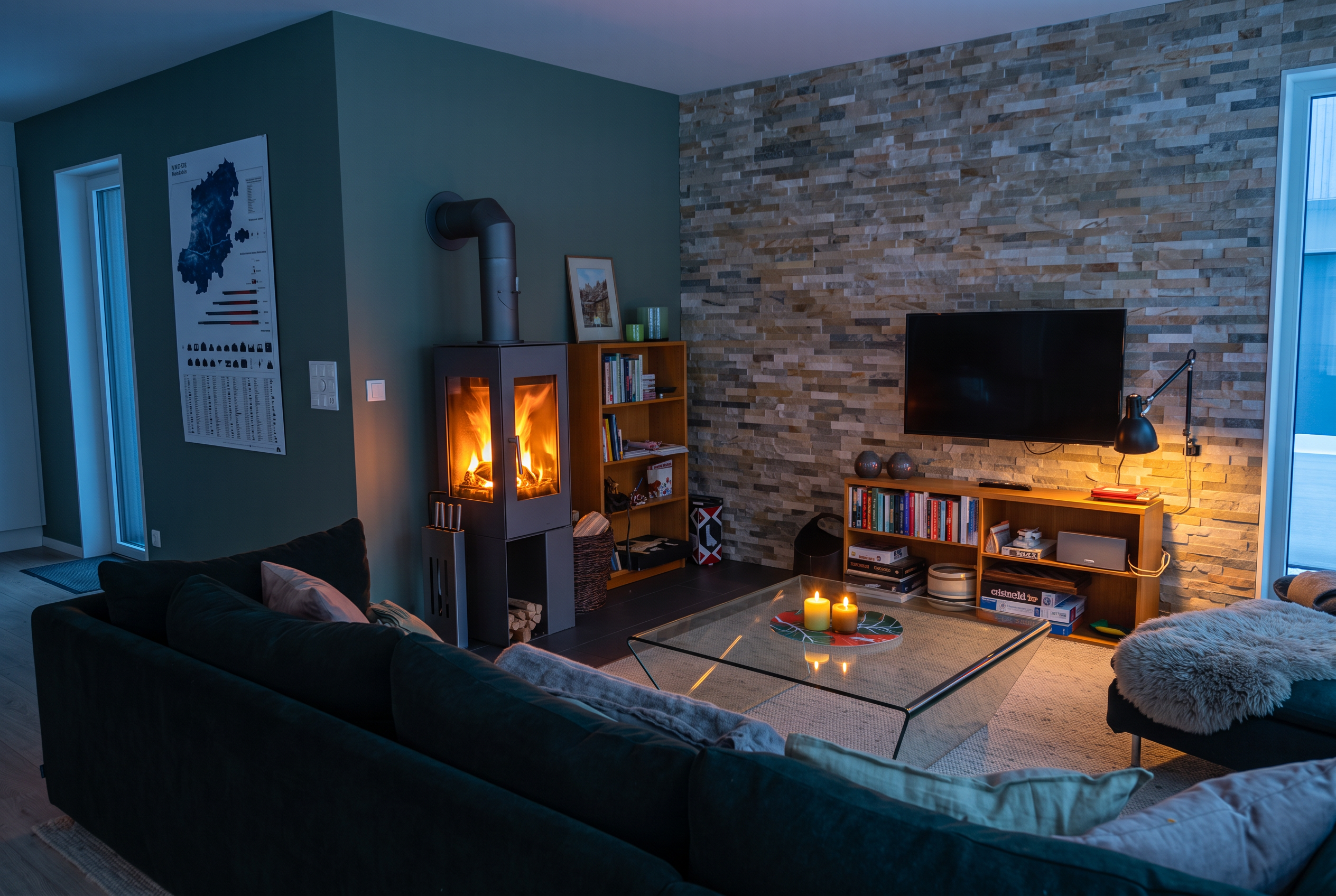 Living room with a crackling fire